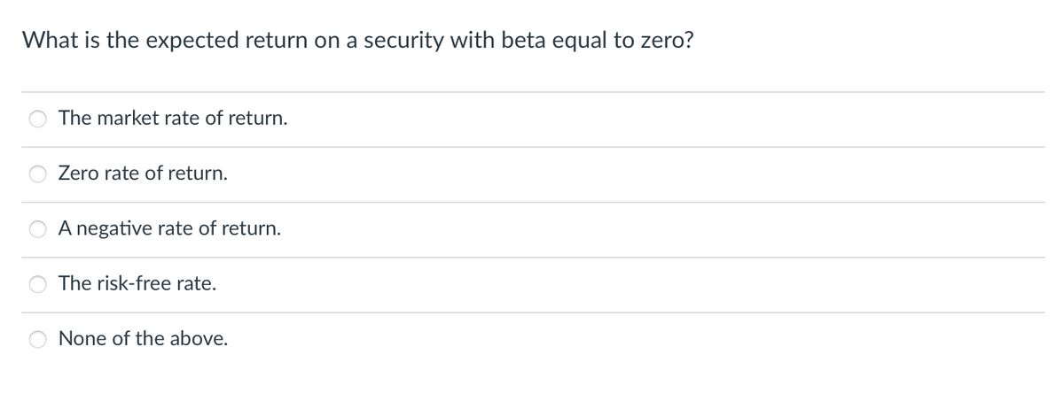 What is the expected return on a security with beta equal to zero?
The market rate of return.
Zero rate of return.
A negative rate of return.
The risk-free rate.
None of the above.