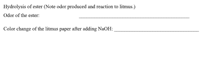 Hydrolysis of ester (Note odor produced and reaction to litmus.)
Odor of the ester:
Color change of the litmus paper after adding NaOH:
