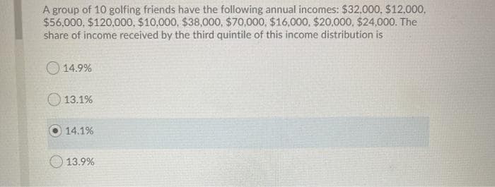 A group of 10 golfing friends have the following annual incomes: $32,000, $12,000,
$56,000, $120,000, $10,000, $38,000, $70,000, $16,000, $20,000, $24,000. The
share of income received by the third quintile of this income distribution is
14.9%
13.1%
14.1%
13.9%