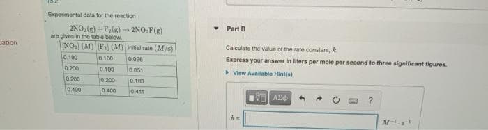 152.
Experimental data for the reaction
2NO, (e) + Fa(g) - 2NO,F(g)
are given in the table below.
NO: (M)Fa) (M) Initial rate (M/s)
Part B
Jation
Calculate the value of the rate constant, k
0.100
0.100
0.026
Express your answer in liters per mole per second to three significant figures.
10.200
0.100
0.051
View Available Hint(s)
0.200
0.200
0.400
0.103
0.400
0.411

