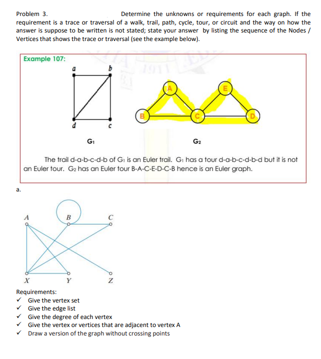 Problem 3.
Determine the unknowns or requirements for each graph. If the
requirement is a trace or traversal of a walk, trail, path, cycle, tour, or circuit and the way on how the
answer is suppose to be written is not stated; state your answer by listing the sequence of the Nodes /
Vertices that shows the trace or traversal (see the example below).
Example 107:
A
HAS
a.
✓
✓
X
Requirements:
G₁
The trail d-a-b-c-d-b of G₁ is an Euler trail. G₁ has a tour d-a-b-c-d-b-d but it is not
an Euler tour. G₂ has an Euler tour B-A-C-E-D-C-B hence is an Euler graph.
B
G₂
Give the vertex set
Give the edge list
Give the degree of each vertex
Give the vertex or vertices that are adjacent to vertex A
Draw a version of the graph without crossing points
D