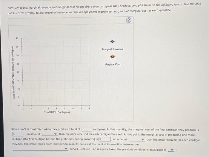 Calculate Rian's marginal revenue and marginal cost for the first seven cardigans they produce, and plot them on the following graph. Use the blue
points (circle symbol) to plot marginal revenue and the orange points (square symbol) to plot marginal cost at each quantity.
?
COSTS AND REVENUE (Dollars per cardigan)
40
35
30
25
20
15
10
e
0
1
2
3
QUANTITY (Cardigans)
7
Marginal Revenue
-O-
Marginal Cost
Rian's profit is maximized when they produce a total of
an amount
cardigans. At this quantity, the marginal cost of the final cardigan they produce is
than the price received for each cardigan they sell. At this point, the marginal cost of producing one more.
cardigan (the first cardigan beyond the profit maximizing quantity) is
is S
, an amount
than the price received for each cardigan
they sell. Therefore, Rian's profit-maximizing quantity occurs at the point of intersection between the
curves. Because Rian is a price taker, the previous condition is equivalent to