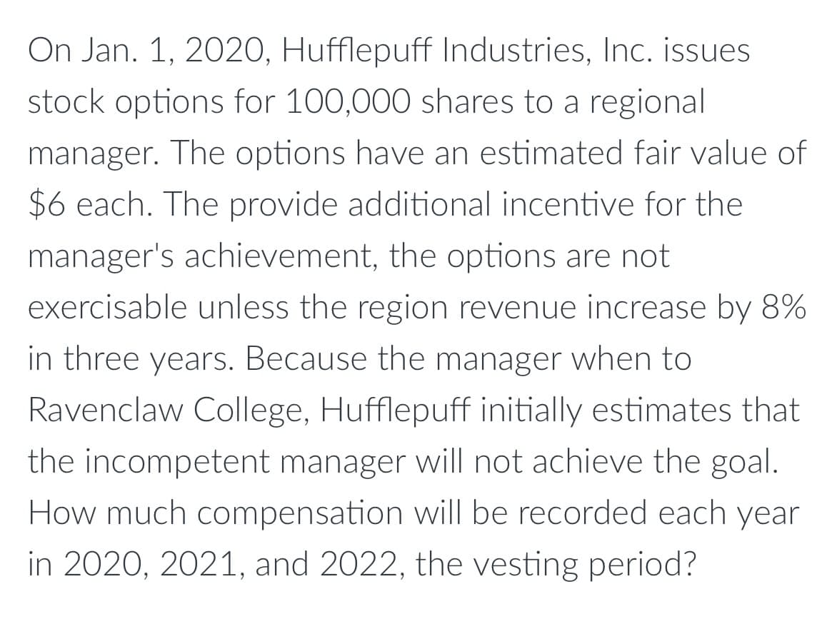 On Jan. 1, 2020, Hufflepuff Industries, Inc. issues
stock options for 100,000 shares to a regional
manager. The options have an estimated fair value of
$6 each. The provide additional incentive for the
manager's achievement, the options are not
exercisable unless the region revenue increase by 8%
in three years. Because the manager when to
Ravenclaw College, Hufflepuff initially estimates that
the incompetent manager will not achieve the goal.
How much compensation will be recorded each year
in 2020, 2021, and 2022, the vesting period?