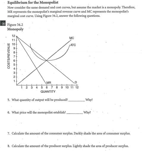 Equilibrium for the Monopolist
Now consider the same demand and cost curves, but assume the market is a monopoly. Therefore,
MR represents the monopolist's marginal revenue curve and MC represents the monopolisť's
marginal cost curve. Using Figure 34.2, answer the following questions.
X Figure 34.2
Monopoly
12
MC
11
10
ATC
8-
7.
3.
1-
MR
8 9 10 11 12
QUANTITY
5. What quantity of output will be produced?.
Why?
6. What price will the monopolist establish? -
Why?
7. Calculate the amount of the consumer surplus. Darkly shade the area of consumer surplus.
8. Calculate the amount of the producer surplus. Lightly shade the area of producer surplus.
COSTS/REVENUE
