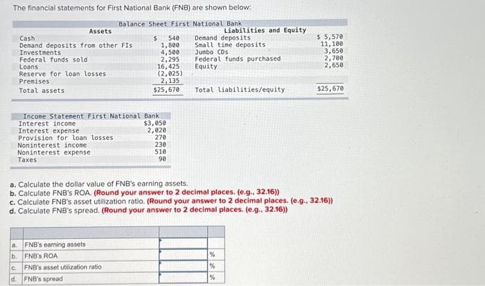 The financial statements for First National Bank (FNB) are shown below:
Balance Sheet First National Bank
Assets
Cash
Demand deposits from other FIS
Investments
Federal funds sold
Loans
Reserve for loan losses.
Premises
Total assets
$ 540
1,800
4,500
2,295
16,425
(2,025)
2,135
$25,670
Income Statement First National Bank.
Interest income
Interest expense
Provision for loan losses
Noninterest income
Noninterest expense
Taxes
a. FNB's earning assets
b. FNB's ROA
c. FNB's asset utilization ratio
d.
FNB's spread
$3,050
2,020
270
230
510
90
Liabilities and Equity
Demand deposits
Small time deposits.
Jumbo CDs
Federal funds purchased
Equity
Total liabilities/equity
%
%
%
$ 5,570
11,100
3,650
2,700
2,650
a. Calculate the dollar value of FNB's earning assets.
b. Calculate FNB's ROA. (Round your answer to 2 decimal places. (e.g., 32.16))
c. Calculate FNB's asset utilization ratio. (Round your answer to 2 decimal places. (e.g., 32.16))
d. Calculate FNB's spread. (Round your answer to 2 decimal places. (e.g., 32.16))
$25,670