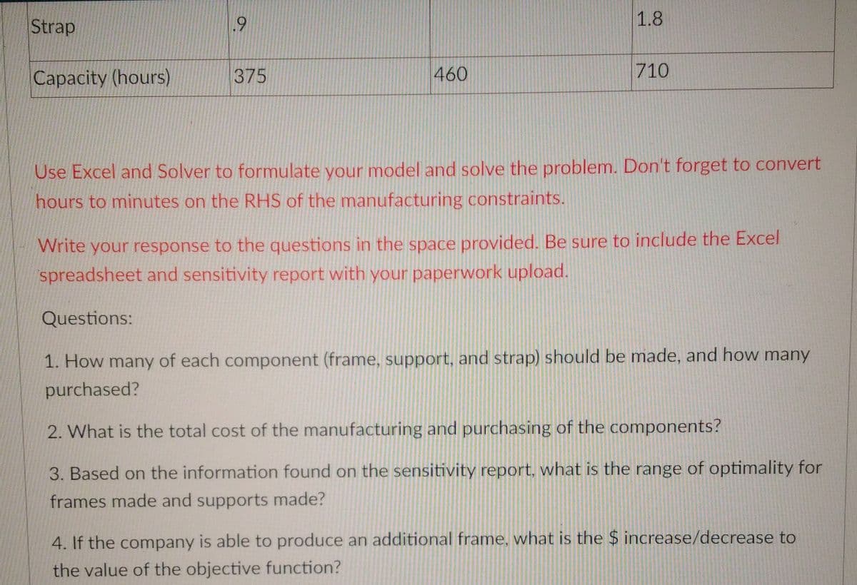 Strap
9
Capacity (hours)
375
460
1.8
710
Use Excel and Solver to formulate your model and solve the problem. Don't forget to convert
hours to minutes on the RHS of the manufacturing constraints.
Write your response to the questions in the space provided. Be sure to include the Excel
spreadsheet and sensitivity report with your paperwork upload.
Questions:
1. How many of each component (frame, support, and strap) should be made, and how many
purchased?
2. What is the total cost of the manufacturing and purchasing of the components?
3. Based on the information found on the sensitivity report, what is the range of optimality for
frames made and supports made?
4. If the company is able to produce an additional frame, what is the $ increase/decrease to
the value of the objective function?