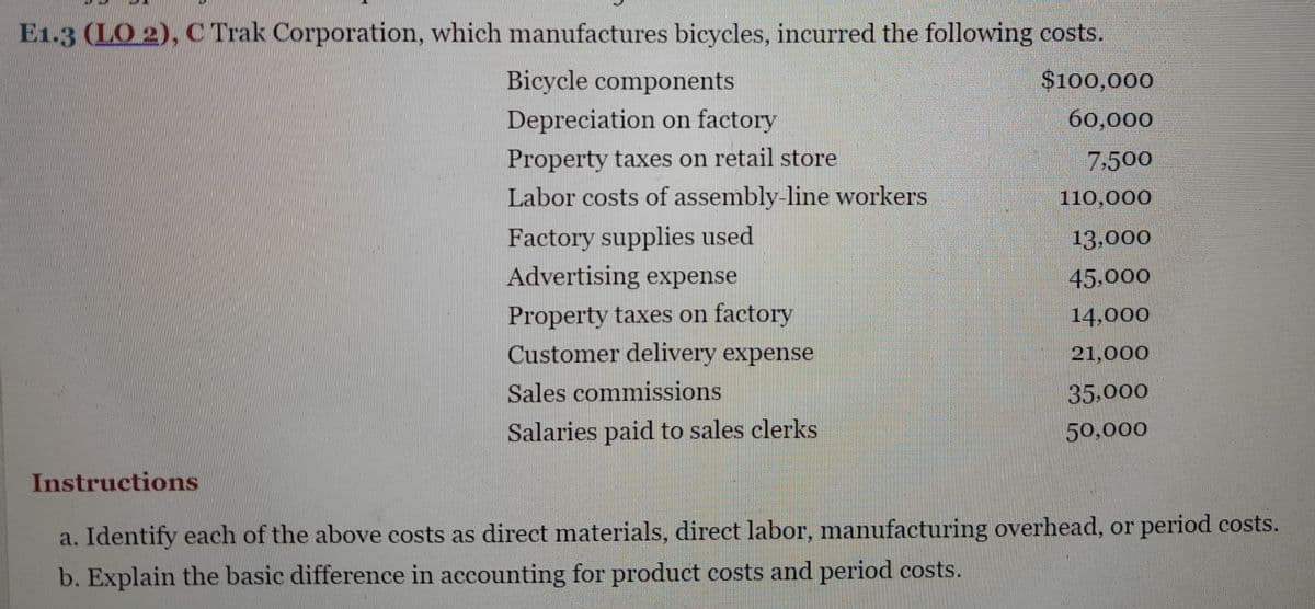 E1.3 (LO 2), C Trak Corporation, which manufactures bicycles, incurred the following costs.
$100,000
60,000
7,500
110,000
Instructions
Bicycle components.
Depreciation on factory
Property taxes on retail store
Labor costs of assembly-line workers
Factory supplies used
Advertising expense
Property taxes on factory
Customer delivery expense
Sales commissions
Salaries paid to sales clerks
13,000
45,000
14,000
21,000
35,000
50,000
a. Identify each of the above costs as direct materials, direct labor, manufacturing overhead, or period costs.
b. Explain the basic difference in accounting for product costs and period costs.