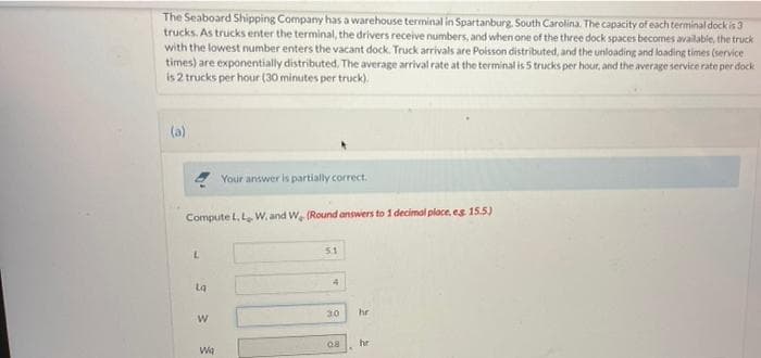 The Seaboard Shipping Company has a warehouse terminal in Spartanburg. South Carolina. The capacity of each terminal dockis 3
trucks. As trucks enter the terminal, the drivers receive numbers, and when one of the three dock spaces becomes available, the truck
with the lowest number enters the vacant dock. Truck arrivals are Poisson distributed, and the unloading and loading times (service
times) are exponentially distributed. The average arrival rate at the terminal is 5 trucks per hour, and the average service rate per dock
is 2 trucks per hour (30 minutes per truck).
(a)
Your answer is partially correct.
Compute L, L W, and W (Round answers to 1 decimal place, es 15.5)
5.1
La
30
hr
hr
