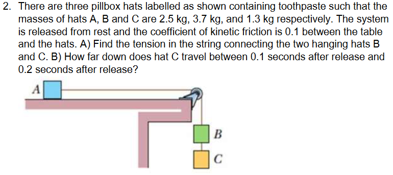 2. There are three pillbox hats labelled as shown containing toothpaste such that the
masses of hats A, B and C are 2.5 kg, 3.7 kg, and 1.3 kg respectively. The system
is released from rest and the coefficient of kinetic friction is 0.1 between the table
and the hats. A) Find the tension in the string connecting the two hanging hats B
and C. B) How far down does hat C travel between 0.1 seconds after release and
0.2 seconds after release?
A
B
C