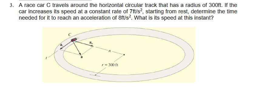 3. A race car C travels around the horizontal circular track that has a radius of 300ft. If the
car increases its speed at a constant rate of 7ft/s², starting from rest, determine the time
needed for it to reach an acceleration of 8ft/s². What is its speed at this instant?
an
r = 300 ft