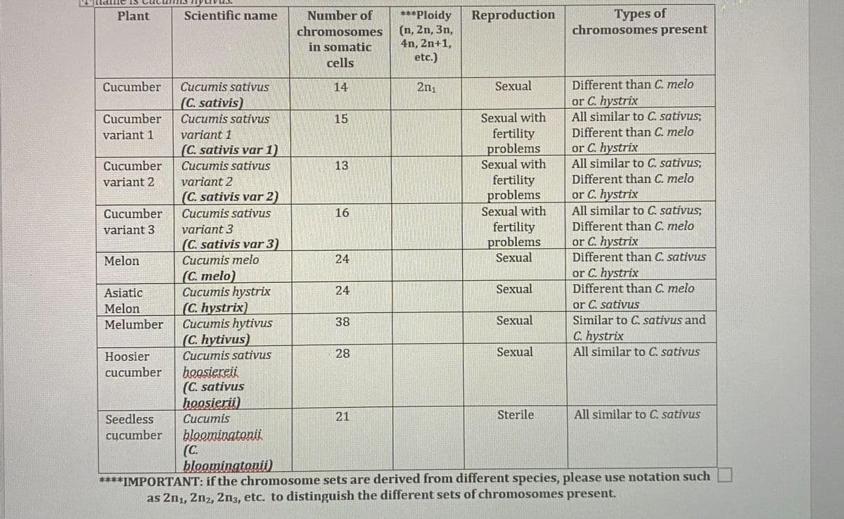 Plant
Scientific name
Reproduction
Number of
chromosomes
Types of
chromosomes present
in somatic
cells
Cucumber Cucumis sativus
14
Sexual
Different than C. melo
(C. sativis)
or C. hystrix
Cucumber
Cucumis sativus
15
Sexual with
variant 1
variant 1
All similar to C. sativus;
Different than C. melo
or C. hystrix
(C. sativis var 1)
Cucumber
Cucumis sativus
13
variant 2
variant 2
fertility
problems
Sexual with
fertility
problems
Sexual with
fertility
problems
All similar to C. sativus;
Different than C. melo
or C. hystrix
(C. sativis var 2)
Cucumber
Cucumis sativus
16
All similar to C. sativus;
Different than C. melo
variant 3
variant 3
(C. sativis var 3)
or C. hystrix
Melon
Cucumis melo
24
Sexual
Different than C. sativus
or C. hystrix
(C. melo)
Asiatic
24
Sexual
Different than C. melo
Melon
or C. sativus
Melumber
Cucumis hystrix
(C. hystrix)
Cucumis hytivus
(C. hytivus)
Cucumis sativus
38
Sexual
Similar to C. sativus and
C. hystrix
Hoosier
28
Sexual
All similar to C. sativus
cucumber hoosiereii
(C. sativus
hoosierii)
Seedless
Cucumis
21
Sterile
All similar to C. sativus
cucumber bloomingtonii
(C.
bloomingtonii)
****IMPORTANT: if the chromosome sets are derived from different species, please use notation such
as 201, 202, 2n3, etc. to distinguish the different sets of chromosomes present.
***Ploidy
(n, 2n, 3n,
4n, 2n+1,
etc.)
20₁