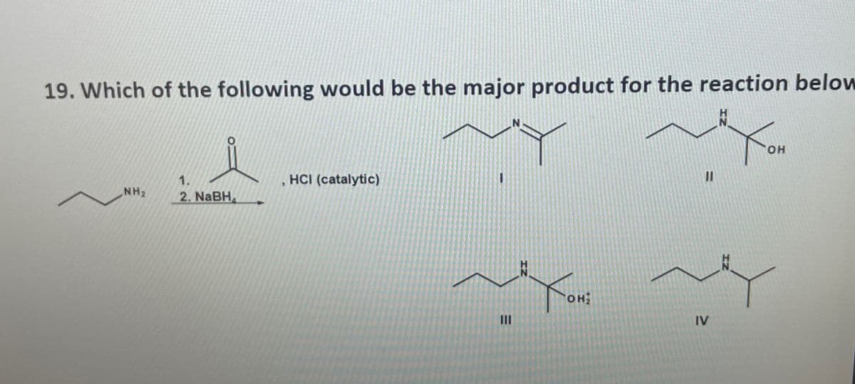 19. Which of the following would be the major product for the reaction below
XOH
OH
NH₂
1.
2. NaBH
HCI (catalytic)
E
III
OH₂
IV