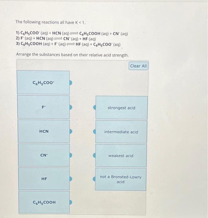 The following reactions all have K< 1.
1) CeH5COO (aq) + HCN (aq)=C6H5COOH (aq) + CN (aq)
2) F (aq) + HCN (aq) CN (aq) + HF (aq)
3) C,HyCOOH (aq) + F^ (aq) — HF (aq) + CHşCOO (aq)
Arrange the substances based on their relative acid strength.
CH5COO-
HCN
CN
HF
CH₂COOH
Clear All
strongest acid
intermediate acid
weakest acid
not a Bronsted-Lowry
acid