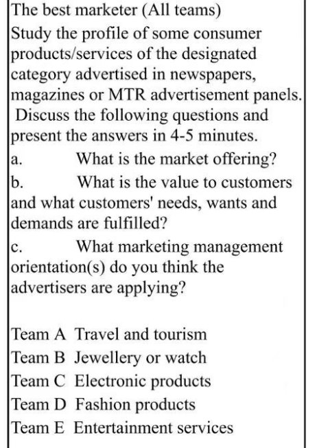 The best marketer (All teams)
Study the profile of some consumer
products/services of the designated
category advertised in newspapers,
magazines or MTR advertisement panels.
Discuss the following questions and
present the answers in 4-5 minutes.
a.
What is the market offering?
b.
What is the value to customers
and what customers' needs, wants and
demands are fulfilled?
What marketing management
orientation(s) do you think the
advertisers are applying?
C.
Team A Travel and tourism
Team B Jewellery or watch
Team C Electronic products
Team D Fashion products
Team E Entertainment services