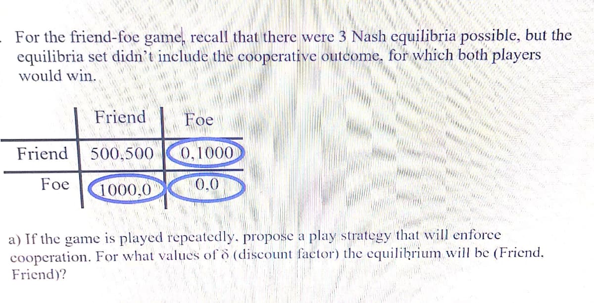 For the friend-foe game, recall that there were 3 Nash equilibria possible, but the
equilibria set didn't include the cooperative outcome, for which both players
would win.
Friend
Foe
Friend
500,500
0,1000
Foe
1000,0
0.0
a) If the game is played répeatedly. propose a play strategy that will enforce
cooperation. For what valucs of o (discount factor) the equilibrium will be (Friend.
Friend)?
