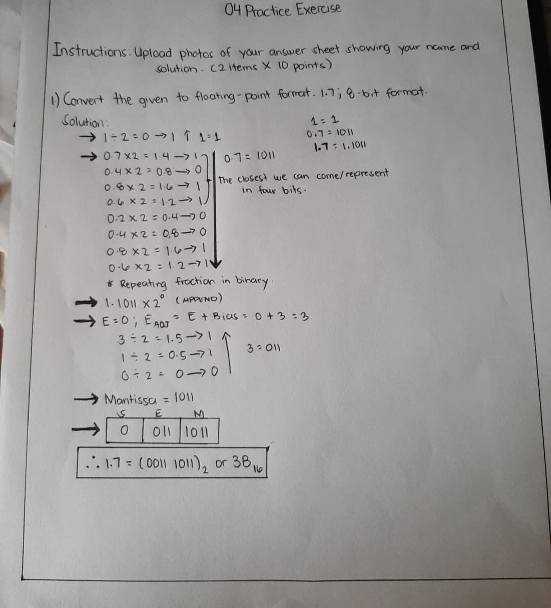 04 Practice Exercise
Instructions: Upload photoc of your answer sheet showing youur name and
Solution. C2 items X 10 points)
1) Convert the given to floating- point format. 1.7; 8-bit format.
Solution:
1=1
0.7:1011
1.1:1.1011
→ 0.7×2 =1-4-71つ
0.4X2= 0.8-
0-7 1011
The closest we can come/ represent
in four bits.
0.6x2=16
O.6 x 2 = 1.2 1
0.2×2: 0.4ー70
0-4 x2= 0,6-70
0- ×2 - 1-い→!
O-6 x2 = 1.2-711
* Repeating froction in binary.
1-1011 x 2° ( APDEND)
E:0; EA0T =E+ Bias = 0 + 3=3
3 2 - 1.5->|
3- 11
1 2 0.5-71
0- 2 0- 0
Mantissa = 101)
%3D
E
->
0l1 1011
.. 1.7= (0011 1011), or 38
%3D
