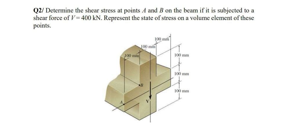 Q2/ Determine the shear stress at points A and B on the beam if it is subjected to a
shear force of V= 400 kN. Represent the state of stress on a volume element of these
points.
100 mm
100 mm
100 mm
100 mm
100 mm
100 mm
