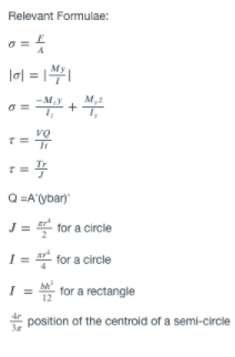 Relevant Formulae:
la| = 1|
부 +
M,2
Q =A'ybar)
= for a circle
I = for a circle
I = tor a rectangle
position of the centroid of a semi-circle
