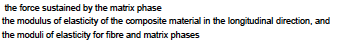 the force sustained by the matrix phase
the modulus of elasticity of the composite material in the longitudinal direction, and
the moduli of elasticity for fibre and matrix phases
