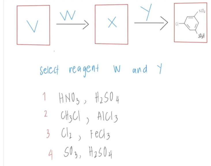 W
X
Select reagent W and Y
1 HNO3 H₂SO4
2 CH3C1₂ AICI 3
3 Cl₂, FeCl3
)
4 503, H₂SO4
NO₂
S0₂t