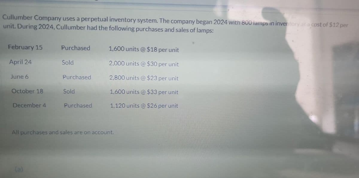 Cullumber Company uses a perpetual inventory system. The company began 2024 with 800 lamps in inventory at a cost of $12 per
unit. During 2024, Cullumber had the following purchases and sales of lamps:
February 15
April 24
June 6
October 18
December 4
Purchased
(a)
Sold
Purchased
Sold
Purchased
1,600 units @ $18 per unit
2,000 units @ $30 per unit
2,800 units @ $23 per unit
1,600 units @ $33 per unit
1,120 units @ $26 per unit
All purchases and sales are on account.