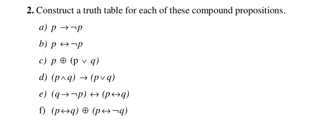 2. Construct a truth table for each of these compound propositions.
a) p →¬p
b) p →¬p
c) p ® (p v q)
d) (p^q) → (pv q)
e) (q→¬p) → (p→q)
f) (p→q) ® (p+>¬q)
