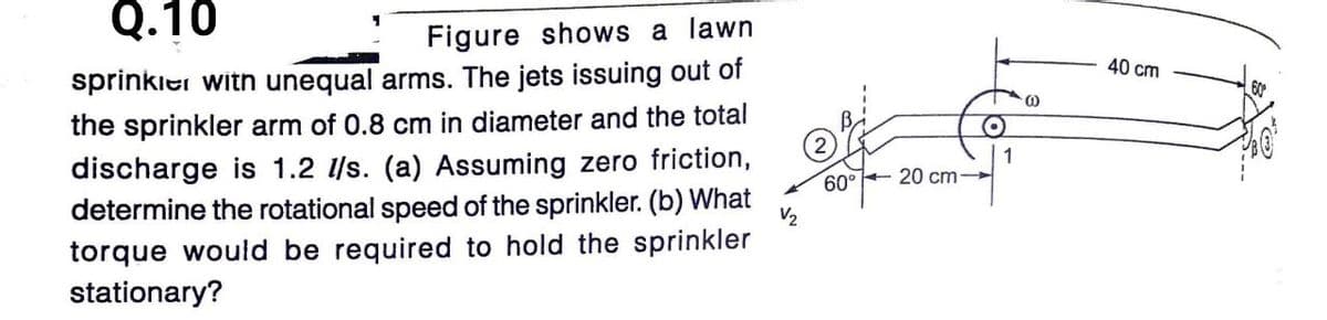 Q.10
Figure shows a lawn
40 cm
sprinkier witn unequal arms. The jets issuing out of
the sprinkler arm of 0.8 cm in diameter and the total
discharge is 1.2 l/s. (a) Assuming zero friction,
determine the rotational speed of the sprinkler. (b) What
torque would be required to hold the sprinkler
stationary?
1
60° + 20 cm-
V2
