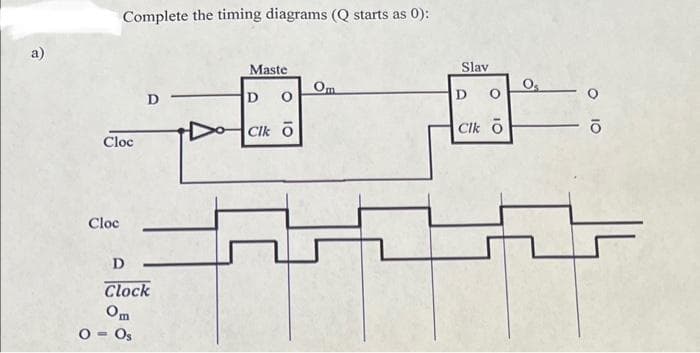 Complete the timing diagrams (Q starts as 0):
a)
Maste
Slav
Om
D
D O
D
Clk o
Clk o
Cloc
Cloc
D
Clock
Om
O = Os

