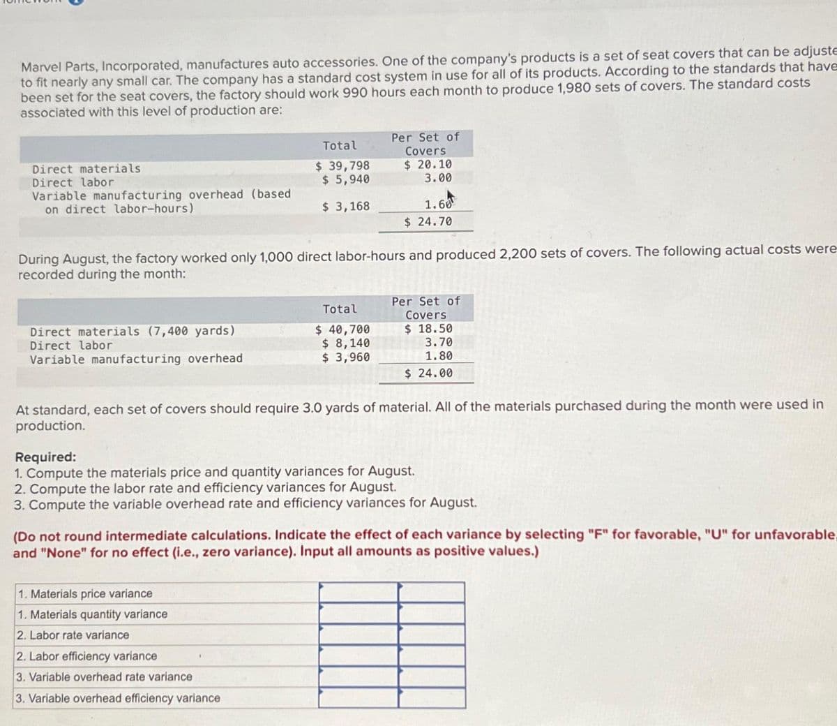 Marvel Parts, Incorporated, manufactures auto accessories. One of the company's products is a set of seat covers that can be adjuste
to fit nearly any small car. The company has a standard cost system in use for all of its products. According to the standards that have
been set for the seat covers, the factory should work 990 hours each month to produce 1,980 sets of covers. The standard costs
associated with this level of production are:
Direct materials
Direct labor
Variable manufacturing overhead (based
on direct labor-hours)
Direct materials (7,400 yards)
Direct labor
Variable manufacturing overhead
Total
$ 39,798
$5,940
$ 3,168
During August, the factory worked only 1,000 direct labor-hours and produced 2,200 sets of covers. The following actual costs were
recorded during the month:
Per Set of
Covers
$ 20.10
3.00
Total
$ 40,700
$ 8,140
$ 3,960
1. Materials price variance
1. Materials quantity variance
2. Labor rate variance
1.60
$24.70
2. Labor efficiency variance
3. Variable overhead rate variance
3. Variable overhead efficiency variance
At standard, each set of covers should require 3.0 yards of material. All of the materials purchased during the month were used in
production.
Per Set of
Covers
$ 18.50
3.70
1.80
$24.00
Required:
1. Compute the materials price and quantity variances for August.
2. Compute the labor rate and efficiency variances for August.
3. Compute the variable overhead rate and efficiency variances for August.
(Do not round intermediate calculations. Indicate the effect of each variance by selecting "F" for favorable, "U" for unfavorable,
and "None" for no effect (i.e., zero variance). Input all amounts as positive values.)