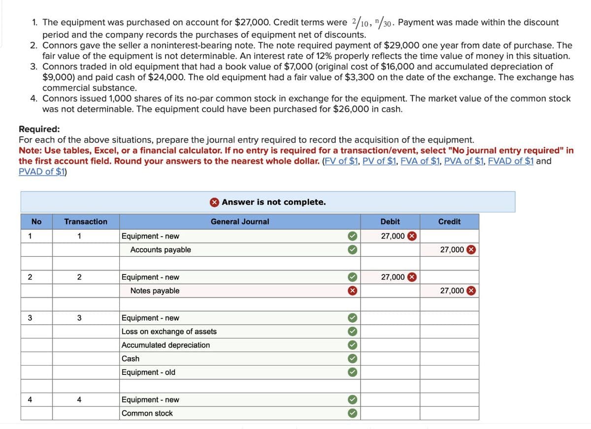 1. The equipment was purchased on account for $27,000. Credit terms were 2/10, 1/30. Payment was made within the discount
period and the company records the purchases of equipment net of discounts.
2. Connors gave the seller a noninterest-bearing note. The note required payment of $29,000 one year from date of purchase. The
fair value of the equipment is not determinable. An interest rate of 12% properly reflects the time value of money in this situation.
3. Connors traded in old equipment that had a book value of $7,000 (original cost of $16,000 and accumulated depreciation of
$9,000) and paid cash of $24,000. The old equipment had a fair value of $3,300 on the date of the exchange. The exchange has
commercial substance.
4. Connors issued 1,000 shares of its no-par common stock in exchange for the equipment. The market value of the common stock
was not determinable. The equipment could have been purchased for $26,000 in cash.
Required:
For each of the above situations, prepare the journal entry required to record the acquisition of the equipment.
Note: Use tables, Excel, or a financial calculator. If no entry is required for a transaction/event, select "No journal entry required" in
the first account field. Round your answers to the nearest whole dollar. (FV of $1, PV of $1, FVA of $1, PVA of $1, FVAD of $1 and
PVAD of $1)
No
1
2
3
4
Transaction
1
2
3
4
Equipment - new
Accounts payable
Equipment - new
Notes payable
Equipment - new
Loss on exchange of assets
Accumulated depreciation
Cash
Equipment - old
Equipment - new
Common stock
Answer is not complete.
General Journal
››
>>
✓
Debit
27,000 X
27,000
Credit
27,000 X
27,000 X