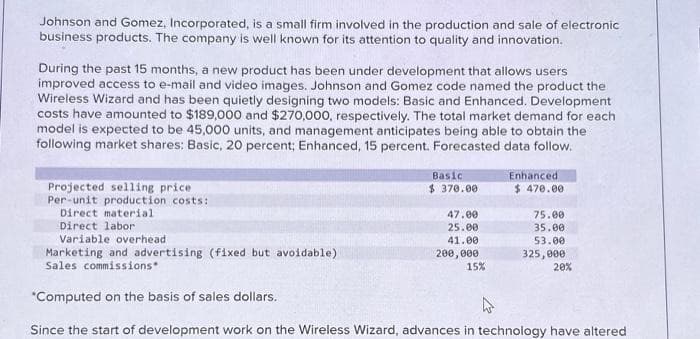 Johnson and Gomez, Incorporated, is a small firm involved in the production and sale of electronic
business products. The company is well known for its attention to quality and innovation.
During the past 15 months, a new product has been under development that allows users
improved access to e-mail and video images. Johnson and Gomez code named the product the
Wireless Wizard and has been quietly designing two models: Basic and Enhanced. Development
costs have amounted to $189,000 and $270,000, respectively. The total market demand for each
model is expected to be 45,000 units, and management anticipates being able to obtain the
following market shares: Basic, 20 percent; Enhanced, 15 percent. Forecasted data follow.
Projected selling price
Per-unit production costs:
Direct material
Direct labor
Variable overhead
Basic
$ 370.00
47.00
25.00
41.00
200,000
Enhanced
$ 470.00
15%
75.00
35.00
53.00
325,000
Marketing and advertising (fixed but avoidable)
Sales commissions"
*Computed on the basis of sales dollars.
Since the start of development work on the Wireless Wizard, advances in technology have altered
20%