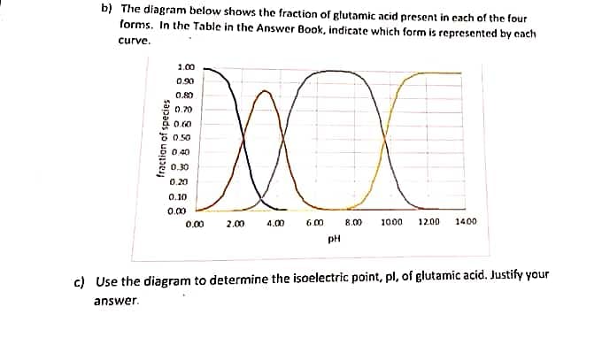 b) The diagram below shows the fraction of glutamic acid present in each of the four
forms. In the Table in the Answer Book, indicate which form is represented by each
curve.
fraction of species
DXOC
a
0.90
0.80
0.70
0.60
60.50
0.40
0.30
0.20
0.10
0.00
0.00
2.00
4.00
6.00
PH
8.00 1000
12.00
1400
c) Use the diagram to determine the isoelectric point, pl, of glutamic acid. Justify your
answer.