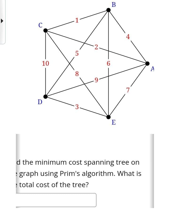 C
5
2.
B
10
6
8
A
9
7
Ꭰ
·3.
E
d the minimum cost spanning tree on
egraph using Prim's algorithm. What is
total cost of the tree?