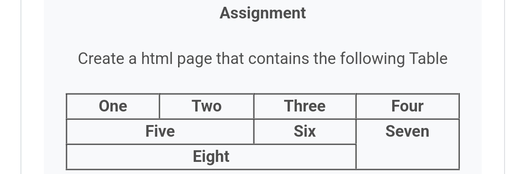 Create a html page that contains the following Table
One
Assignment
Five
Two
Eight
Three
Six
Four
Seven