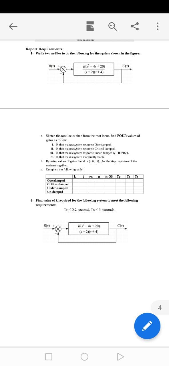 Report Requirements:
1. Write two
-files to do the following for the system shown in the figure:
K(2 - 4s + 20)
(s + 2)(s + 4)
R(s)
C(s)
a. Sketch the root locus, then from the root locus, find FOUR values of
gains as follow:
i. K that makes system response Overdamped.
ii. K that makes system response Critical damped.
iii. K that makes system response under damped (-0.707).
iv. K that makes system marginally stable.
b. By using values of gains found in (i, ii, iii), plot the step responses of the
systems together.
c. Complete the following table:
% OS
Tp
Tr
Ts
wn
a
Overdamped
Critical-damped
Under damped
Un damped
2- Find value of k required for the following system to meet the following
requirements:
Tr<0.2 second, Ts <3 seconds.
R(s) +
K(s? - 4s + 20)
C(s)
(s + 2)(s + 4)
4
