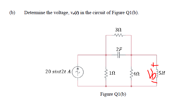 (b)
Determine the voltage, və(f) in the circuit of Figure Q1(b).
30
2F
20 sint2t A
5H
Figure Q1(b)
