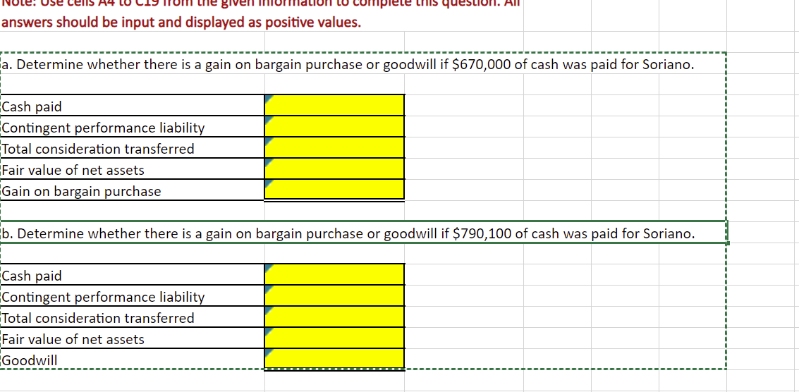 the given
answers should be input and displayed as positive values.
a. Determine whether there is a gain on bargain purchase or goodwill if $670,000 of cash was paid for Soriano.
Cash paid
Contingent performance liability
Total consideration transferred
Fair value of net assets
Gain on bargain purchase
mplete this question. All
b. Determine whether there is a gain on bargain purchase or goodwill if $790,100 of cash was paid for Soriano.
Cash paid
Contingent performance liability
Total consideration transferred
Fair value of net assets
Goodwill