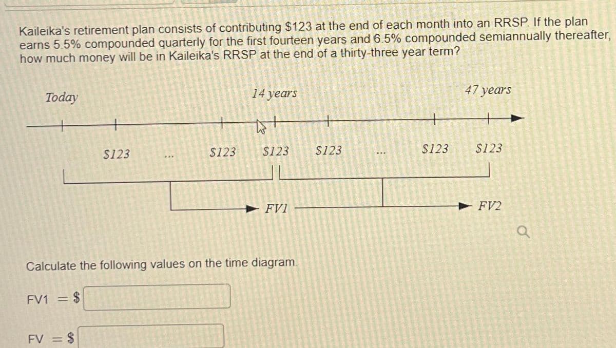 Kaileika's retirement plan consists of contributing $123 at the end of each month into an RRSP. If the plan
earns 5.5% compounded quarterly for the first fourteen years and 6.5% compounded semiannually thereafter,
how much money will be in Kaileika's RRSP at the end of a thirty-three year term?
Today
= $
FV1 =
+
FV = $
$123
$123
14 years
45
Calculate the following values on the time diagram.
$123
FVI
+
$123
47 years
+
$123 $123
►FV2
a