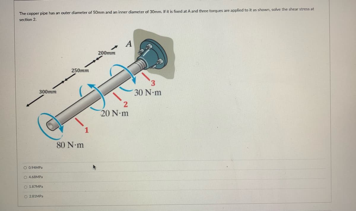 The copper pipe has an outer diameter of 50mm and an inner diameter of 30mm, If it is fixed at A and three torques are applied to it as shown, solve the shear stress at
section 2.
A
200mm
250mm
300mm
30 N-m
20 N-m
80 N-m
O 0.94MPA
O 4.68MPA
O 187MPA
O 2.81MPA
