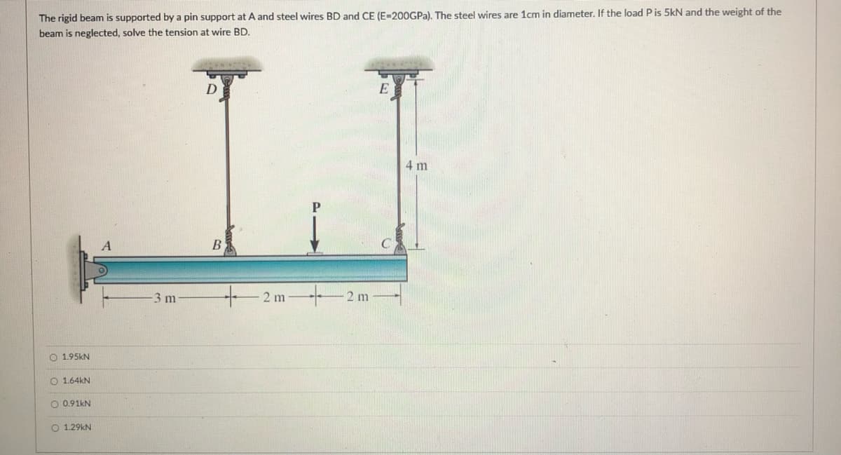 The rigid beam is supported by a pin support at A and steel wires BD and CE (E-200GPA). The steel wires are 1cm in diameter. If the load P is 5kN and the weight of the
beam is neglected, solve the tension at wire BD.
E
4 m
3 m
2 m
2 m
O 1.95kN
O 1.64kN
O 0.91kN
O 1.29KN
o o oO
