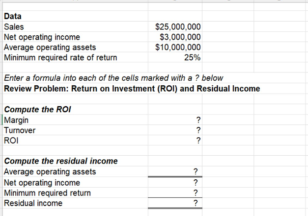 Data
Sales
Net operating income
Average operating assets
Minimum required rate of return
Enter a formula into each of the cells marked with a ? below
Review Problem: Return on Investment (ROI) and Residual Income
Compute the ROI
Margin
Turnover
ROI
Compute the residual income
Average operating assets
$25,000,000
$3,000,000
$10,000,000
25%
Net operating income
Minimum required return
Residual income
?
?
?
?
?
?
?