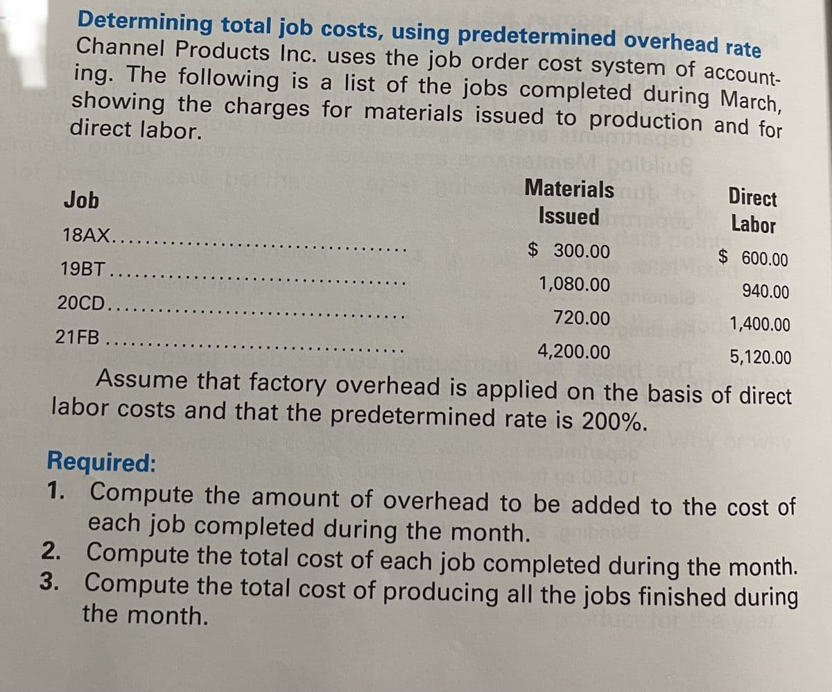 Determining total job costs, using predetermined overhead rate
Channel Products Inc. uses the job order cost system of account-
ing. The following is a list of the jobs completed during March,
showing the charges for materials issued to production and for
direct labor.
Materials
Issued
$ 300.00
$ 600.00
1,080.00
940.00
720.00
1,400.00
21FB ......
4,200.00
5,120.00
Assume that factory overhead is applied on the basis of direct
labor costs and that the predetermined rate is 200%.
Job
18AX......
19BT......
20CD......
II
Direct
Labor
Required:
1.
Compute the amount of overhead to be added to the cost of
each job completed during the month.
2. Compute the total cost of each job completed during the month.
3. Compute the total cost of producing all the jobs finished during
the month.