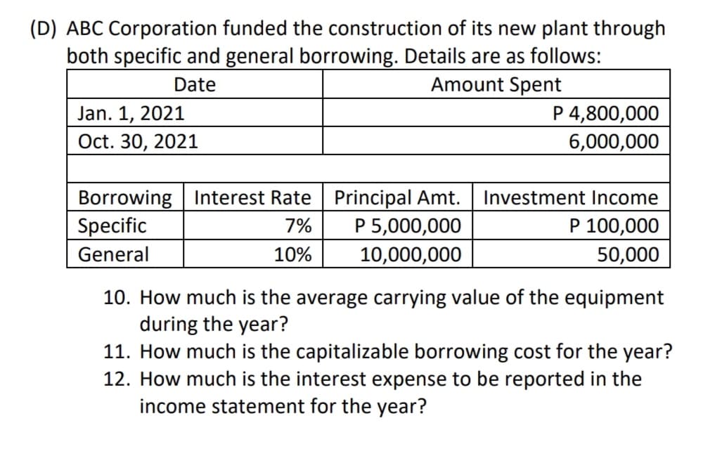 (D) ABC Corporation funded the construction of its new plant through
both specific and general borrowing. Details are as follows:
Amount Spent
Date
P 4,800,000
6,000,000
Jan. 1, 2021
Oct. 30, 2021
Borrowing Interest Rate Principal Amt.
P 5,000,000
10,000,000
Investment Income
P 100,000
50,000
Specific
7%
General
10%
10. How much is the average carrying value of the equipment
during the year?
11. How much is the capitalizable borrowing cost for the year?
12. How much is the interest expense to be reported in the
income statement for the year?
