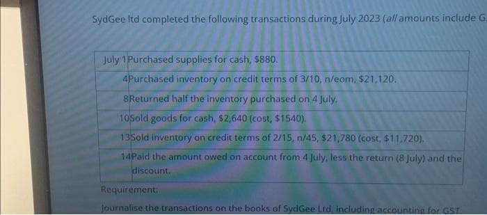 SydGee Itd completed the following transactions during July 2023 (all amounts include G.
July 1 Purchased supplies for cash, $880.
4Purchased inventory on credit terms of 3/10, n/eom, $21,120.
8Returned half the inventory purchased on 4 July.
10Sold goods for cash, $2,640 (cost, $1540).
13Sold inventory on credit terms of 2/15, n/45, $21,780 (cost, $11,720),
14Paid the amount owed on account from 4 July, less the return (8 July) and the
discount.
Requirement:
Journalise the transactions on the books of SydGee Ltd, including accounting for GST.