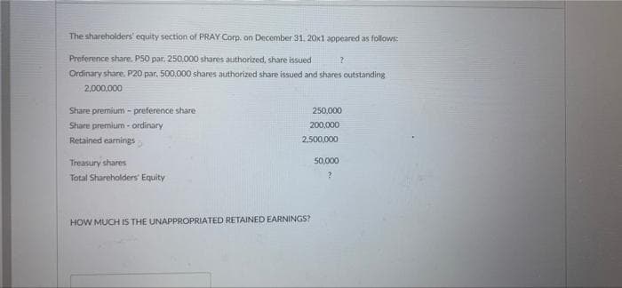The shareholders' equity section of PRAY Corp. on December 31, 20x1 appeared as follows:
Preference share, P50 par. 250.000 shares authorized, share issued
Ordinary share. P20 par, 500,000 shares authorized share issued and shares outstanding
2,000,000
Share premium - preference share
250.000
Share premium - ordinary
200,000
Retained earnings
2.500,000
Treasury shares
50,000
Total Shareholders Equity
HOW MUCH IS THE UNAPPROPRIATED RETAINED EARNINGS?
