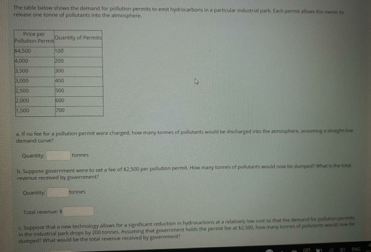 The table below shows the demand for pollution permits to emit hydrocarbons in a particular industrial park. Each permit allows the owner to
release one tonne of pollutants into the atmosphere.
Price per
Pollution Permit
Quantity of Permits
$4,500
100
4,000
200
3,500
300
3,000
400
2,500
500
2,000
600
1,500
700
were charged, how many tonnes of pollutants would be discharged into the atmosphere, assuming a straight-line
a. If fee for a pollution perm
demand curve?
Quantity:
tonnes
b. Suppose government were to set a fee of $2,500 per pollution permit. How many tonnes of pollutants would now be dumped? What is the total
revenue received by government?
Quantity:
tonnes
Total revenue: $
c. Suppose that a new technology allows for a significant reduction in hydrocarbons at a relatively low cost so that the demand for pollution permits
in the industrial park drops by 200 tonnes. Assuming that government holds the permit fee at $2,500, how many tonnes of pollutants would now be
dumped? What would be the total revenue received by government?
CA ENG