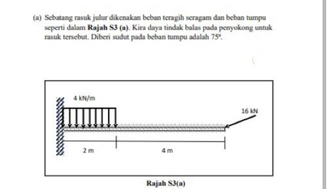 (a) Sebatang rasuk julur dikenakan beban teragih seragam dan beban tumpu
seperti dalam Rajah S3 (a). Kira daya tindak balas pada penyokong untuk
rasuk tersebut. Diberi sudut pada beban tumpu adalah 75⁰.
Wimdiktfy
4 kN/m
2m
4m
Rajah S3(a)
16 kN