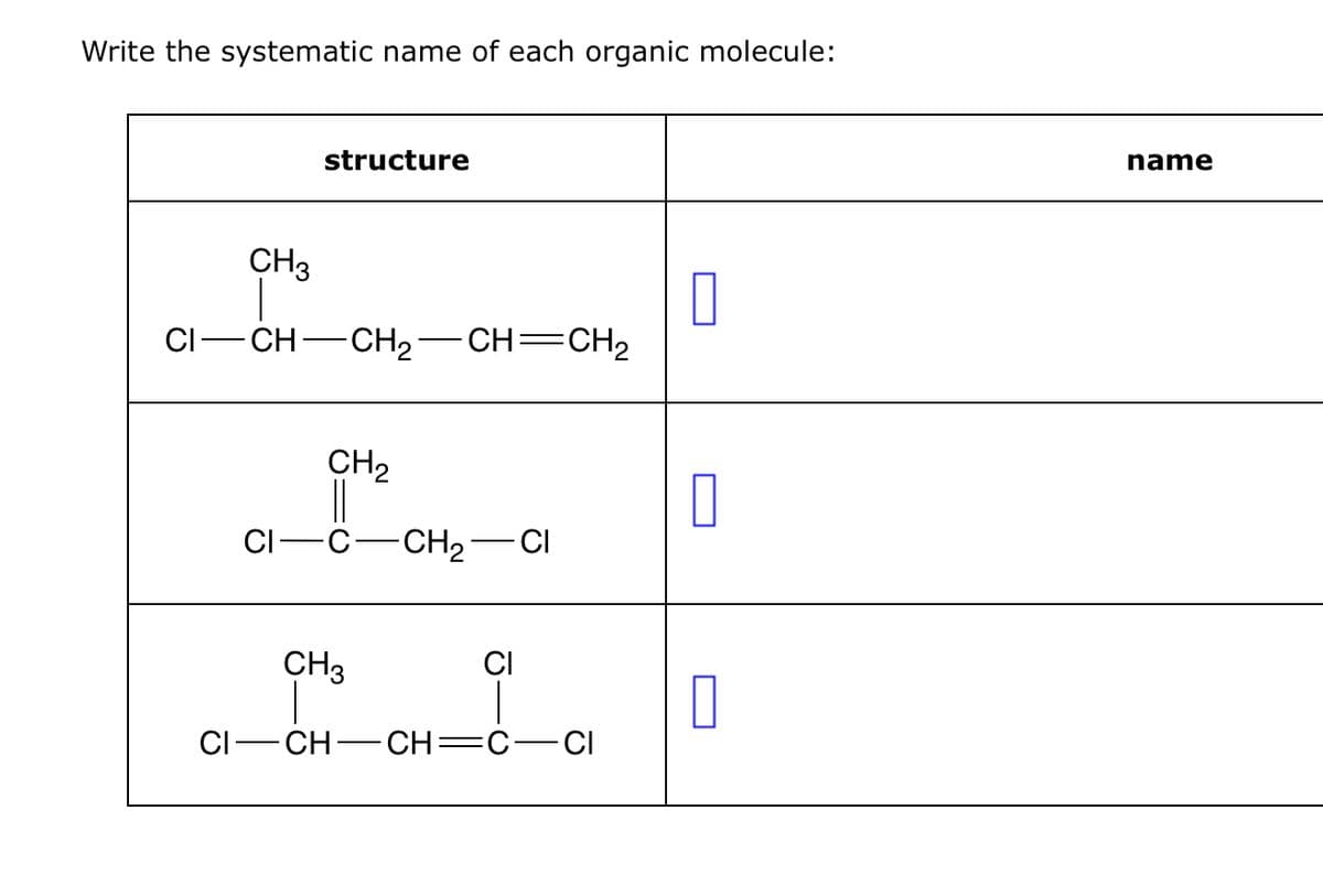 Write the systematic name of each organic molecule:
structure
CH3
CI-
CH-CH2-
CH=CH2
CH2
CI
C-CH2-
- CI
CH3
CI
CI CH CH=C CI
☐
☐
name