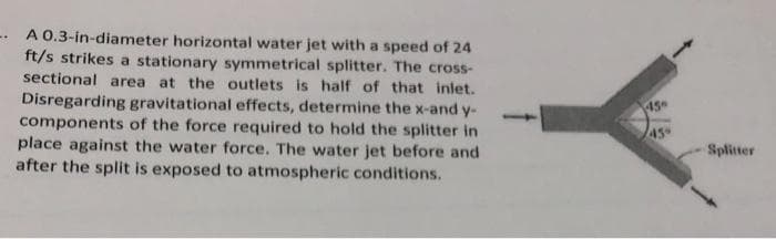 A 0.3-in-diameter horizontal water jet with a speed of 24
ft/s strikes a stationary symmetrical splitter. The cross-
sectional area at the outlets is half of that inlet.
Disregarding gravitational effects, determine the x-and y-
components of the force required to hold the splitter in
place against the water force. The water jet before and
after the split is exposed to atmospheric conditions.
45
45
Splitter