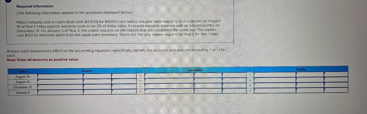 Required information
[The following information applies to the questions displayed below)
Hitzu Company sold a copier (that costs $4,500) for $9,000 cash with a two-year parts warranty to a customer on August
16 of Year 1. Hitzu expects warranty costs to be 3% of dollar sales. It records warranty expense with an adjusting entry on
December 31. On January 5 of Year 2, the copier requires on-site repairs that are completed the same day. The repairs
cost $133 for materials taken from the repair parts inventory. These are the only repairs required in Year 2 for this copier.
Analyze each transaction's effect on the accounting equation-specifically, identify the accounts and amounts (including +or+) for
each.
Note: Enter all amounts as positive value.
Date
August 16
August 16
December 31
January 5
Assets
Liabilities
Equity